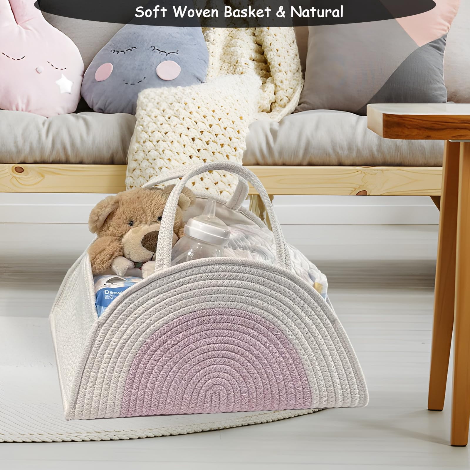Diaper Caddy Organizer with Gift Bags and Ribbons - Sturdy Cotton Rope Basket for Baby Girl & Boy Newborn Essentials, Large Baby Gift Bag, Nursery Storage Caddy with Handles (white Brown)