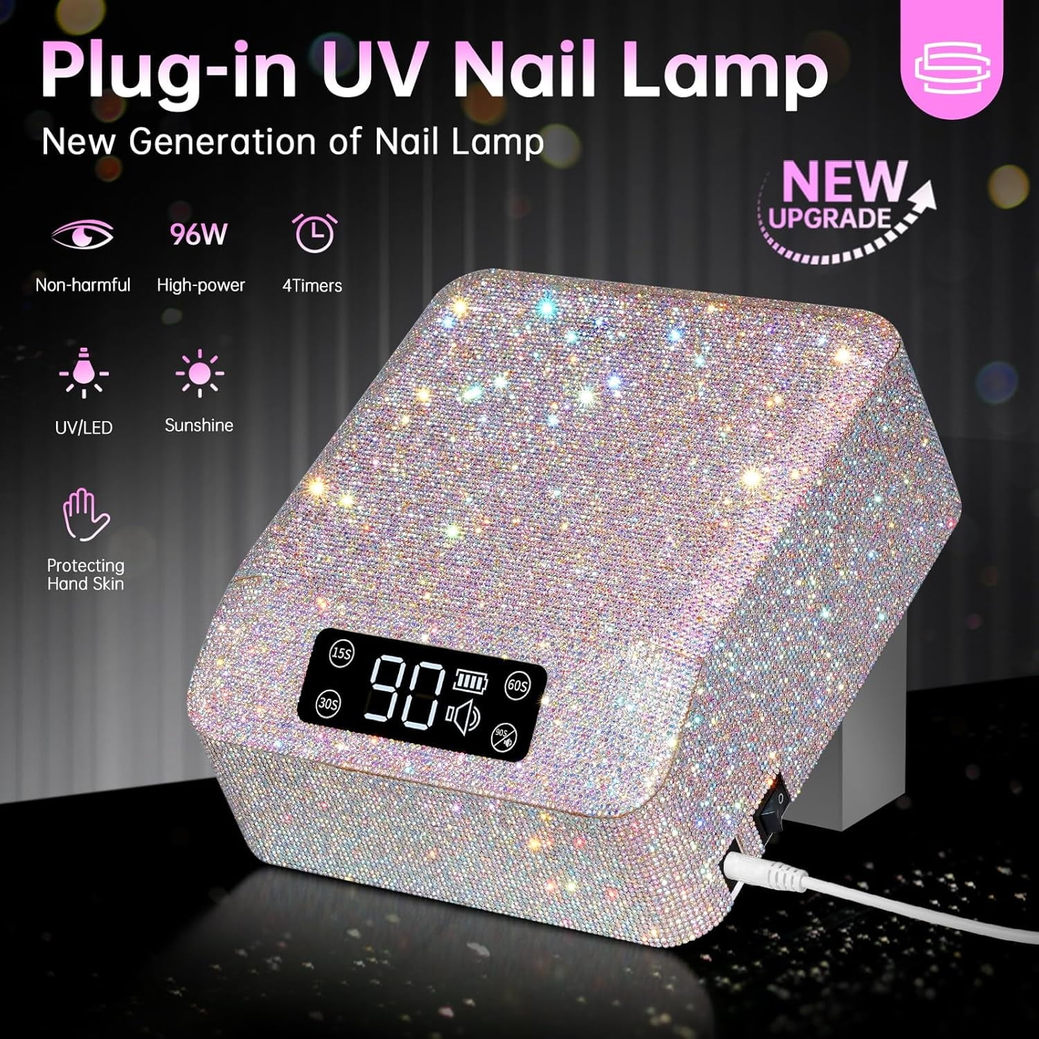 "UV LED Nail Lamp 96W Plug-in Nail Dryer Sparkly Gel Polish Light 4 Timer Setting Professional Quick Dry Curing Lamp with Display Auto Sensor for Salon & Home "