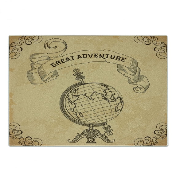 Inspirational Cutting Board, Retro Globe Earth World with Adventure Words Boho Style Graphic, Decorative Tempered Glass Cutting and Serving Board, Small Size, Sand Brown Black, by Ambesonne