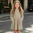 thumbnail image 2 of IROINNID Girls Ribbed Knit Dress Round Neck Long Sleeve A Line Pleated with Pockets Solid Color Casual for Fall Winter Daily Wear Cozy Soft Comfy, 2 of 9