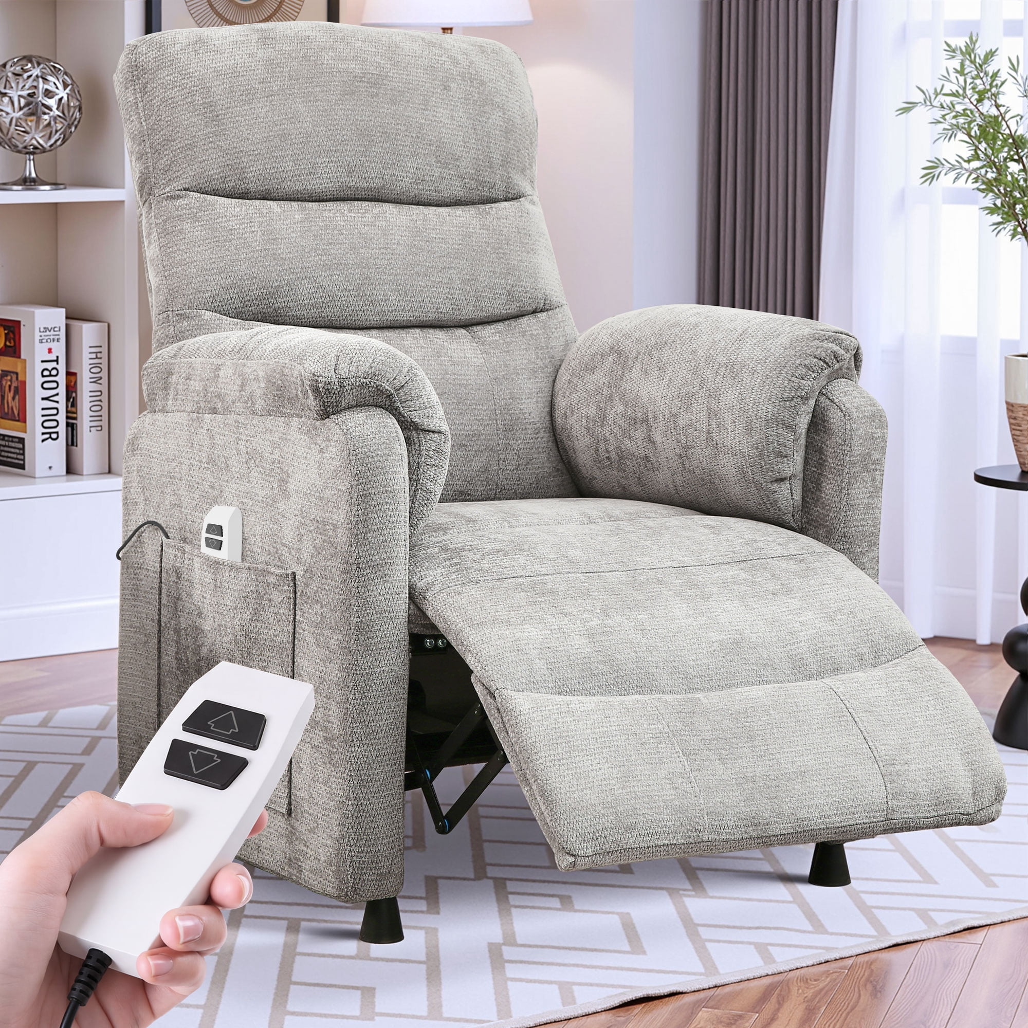 Electric Power Recliner Chair, Modern Chenille Fabric Recliner with Side Pocket & Remote, Nursery Recliner Chair for Living Room Small Space, Gray
