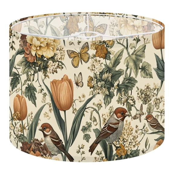 Linen Drum Lampshades Floral Birds Vintage Boho Flower Leaf Beige 13"x13"x10" Light Shade for Table Lamps Floor Lamps Drum Lamp Shades Lampshade Replacement Assembly Required