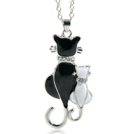 - Black Cat White Kitten Tarnish Resistant Animal Necklace Pendant Jewelry, J-187-C