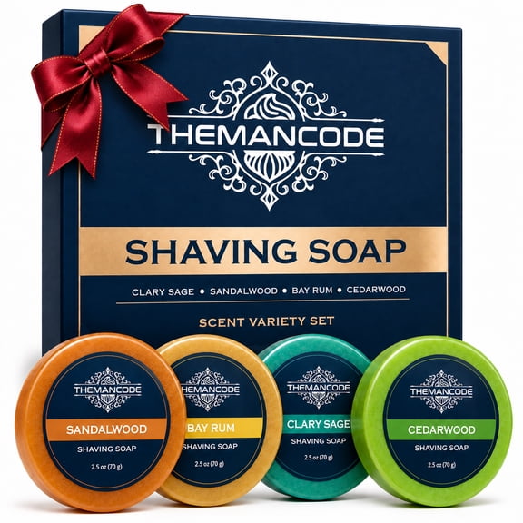 THEMANCODE Shaving Soap for Men, Rich Creamy Lather, Smooth Razor Glide, 4 Classic Scents, X-mas Gift Set for Men, 4 x 2.5 oz