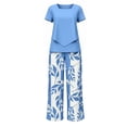 thumbnail image 7 of Guluxicc 2 Piece Women's Outfit Sets Crew Neck Short Sleeve Double Layer Hem Top Leaf Print Wide Leg Pants, 7 of 7