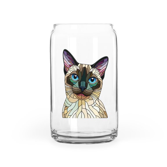 Patriotic Siamese Stained Glass Portrait American Flag 16oz Glass Cup Mug Cat Lover Kitten Owner Gifts Glass Can - 01010