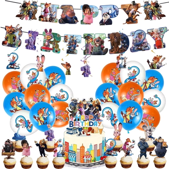 Zootopia Birthday Party Supplies, Party Decorations Set Include Banner, Balloons, Hanging Swirls, Cake Cupcake Toppers, for Zootopia Party