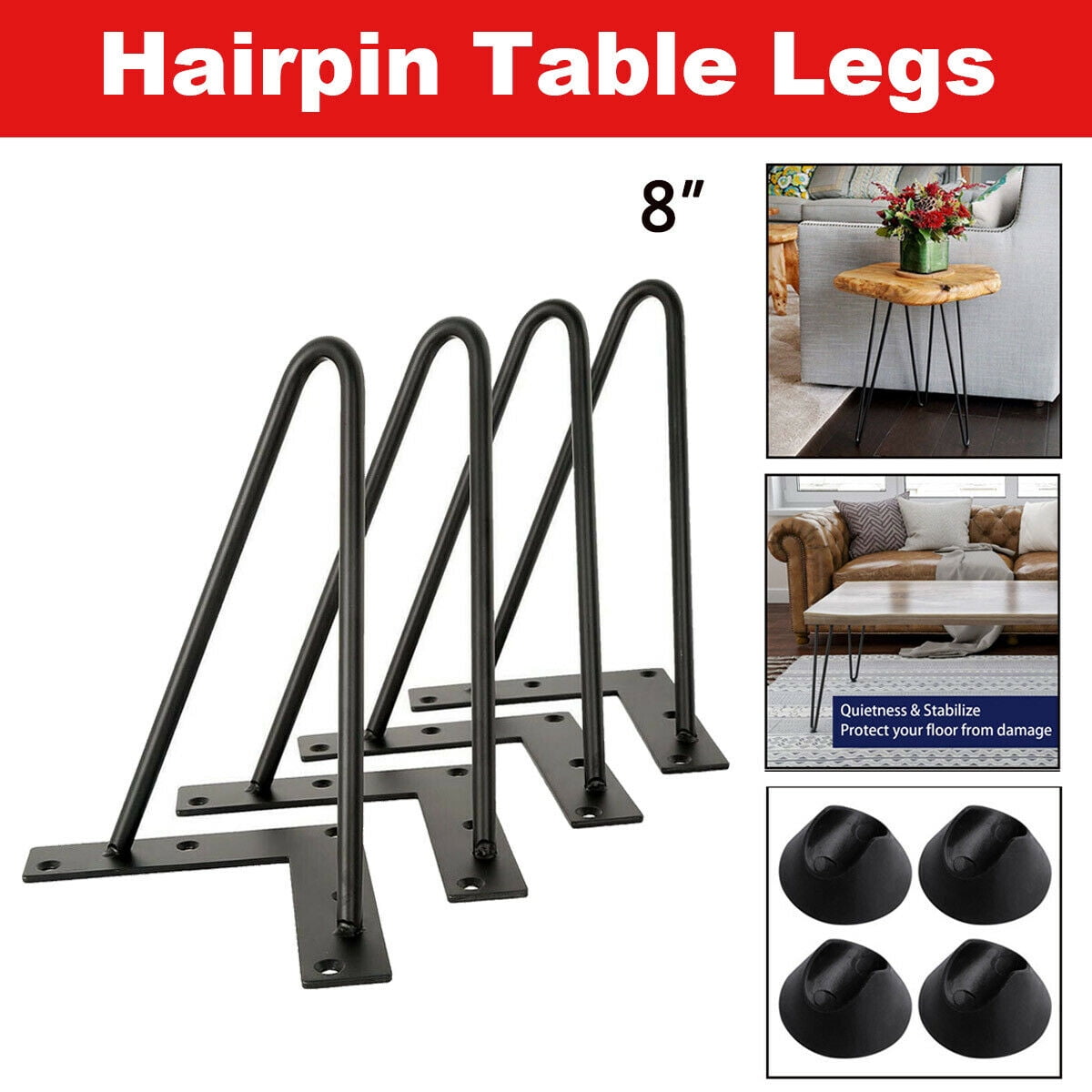 8" Coffee Table Metal Hairpin Legs Solid Iron Bar Black Set of 4 
