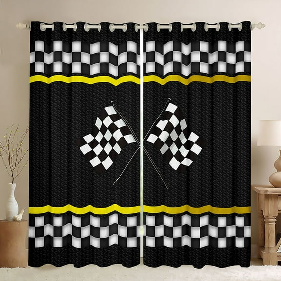 Homewish Sports Car Black Out Curtains,Classic Racing Flag Curtains Pack of 2 (42x63 Each),White Black Yellow Bedroom Curtains For Boys,Super Cozy Room Decor