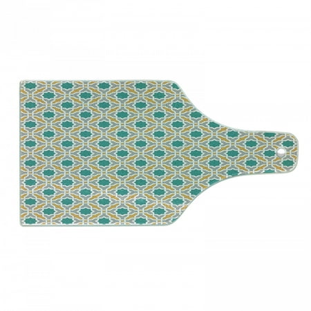 

Teal Cutting Board Abstract Geometric Pattern Eastern Oriental Symmetric Design Print Decorative Tempered Glass Cutting and Serving Board Wine Bottle Shape Mustard Teal and Grey by Ambesonne
