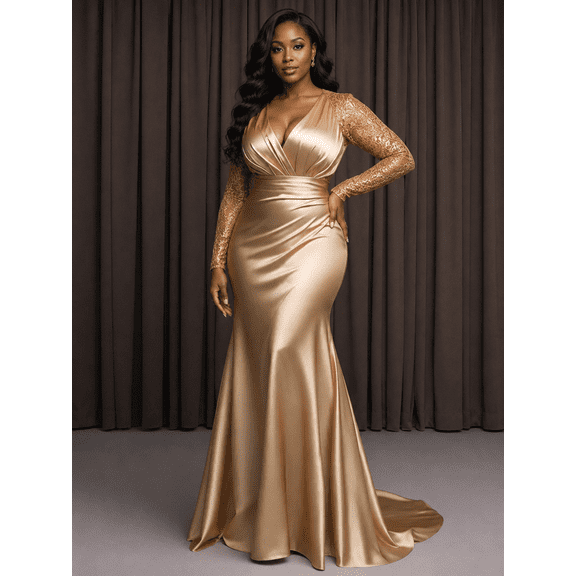 Women's Gold Ruched Satin and Lace Mermaid Maxi Silhouette Evening Gown with V-Neck for Wedding Guest, Prom and Evening Party
