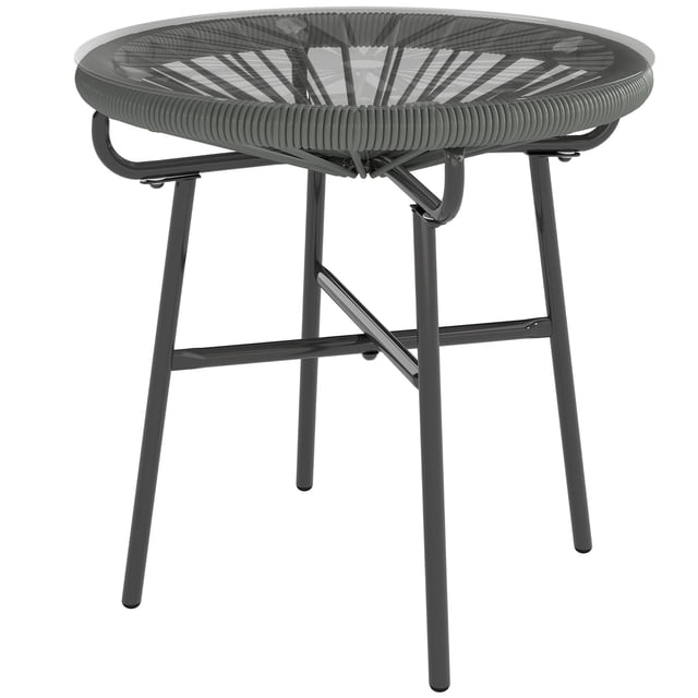 Round Rattan Side Table with Tempered Glass Top, Dark Grey PE Wicker Outdoor End Table with Powder Coated Metal Frame for Patio, Garden, and Balcony, 19.7" x 19.7" x 19.7"