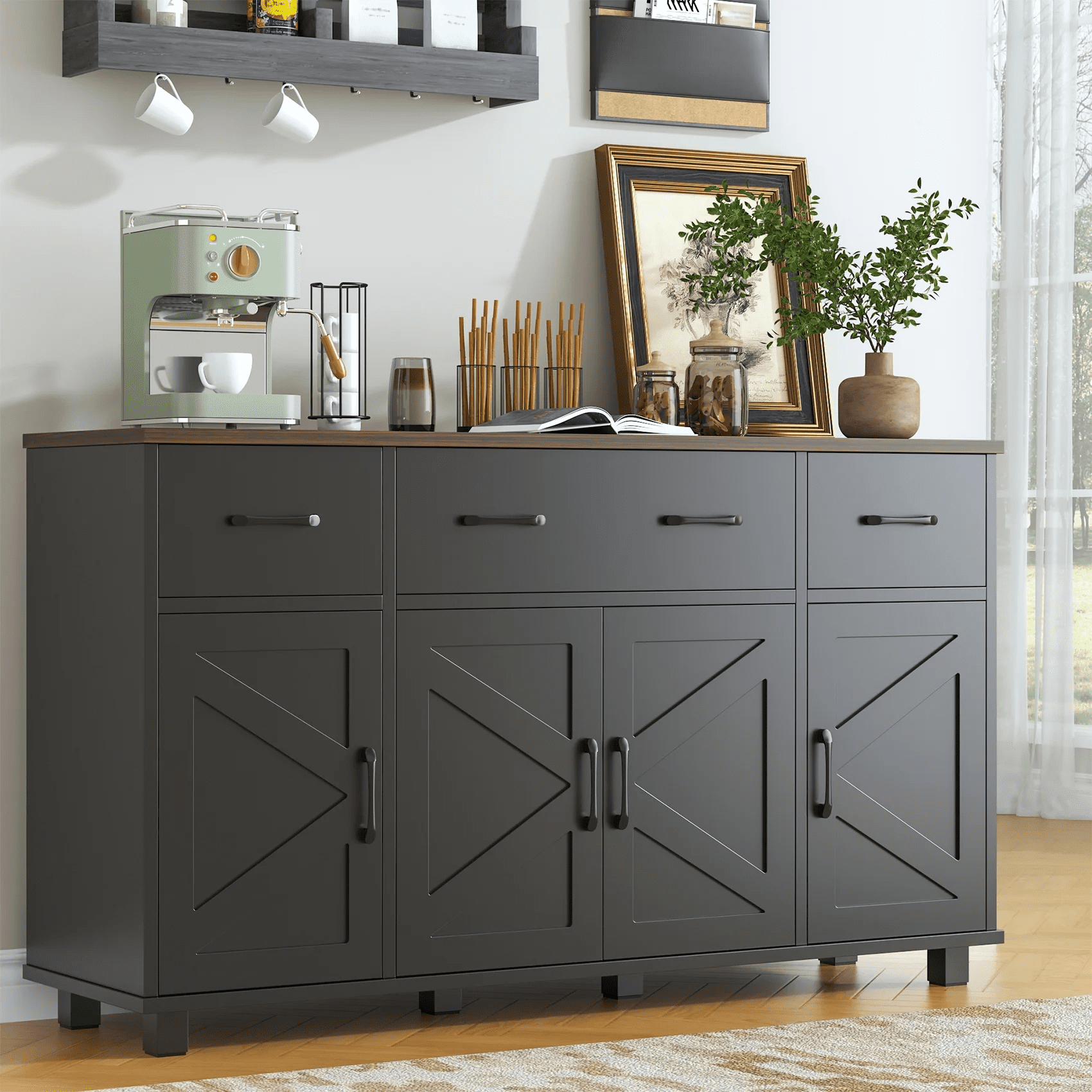 HAUXITIO Farmhouse Buffet Cabinet with 4 Barn Doors and 3 Drawers,Coffee Bar Sideboard for Kitchen & Dining Room,Black+Brown