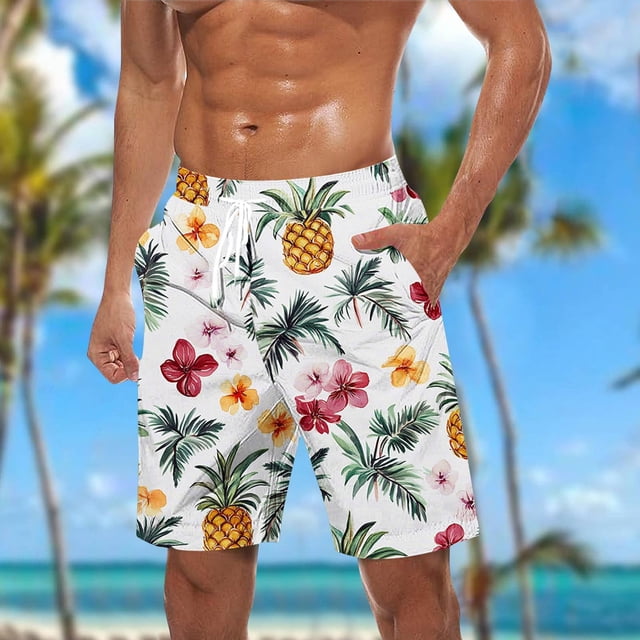 Sentmoon Shorts for Men Lightweight Straight Board Shorts Tropical Print Drawstring Elastic Waist Swim Shorts Side Pockets Trendy Father for Casual Hangouts Yellow XXXXL