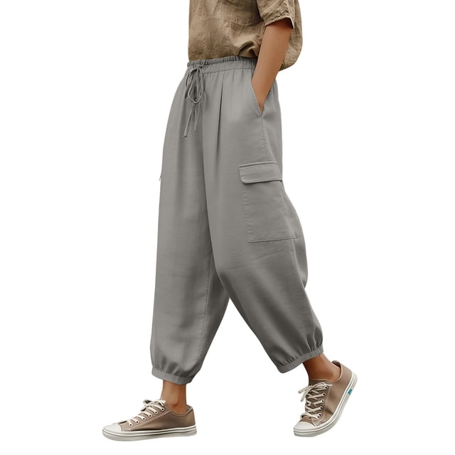 Pantalones de Lino Mujeres Color Sólido Cintura Elástica Pantalones de Ropa de Trabajo Casual Longitud Del Tobillo Verano
