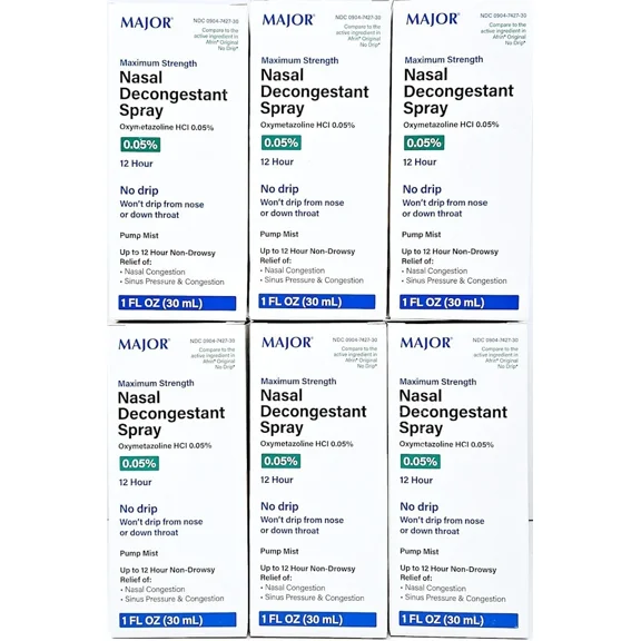Major 12-Hour Nasal Decongestant Spray, OTC Medicine for Nasal Congestion 1 oz 6-Pack