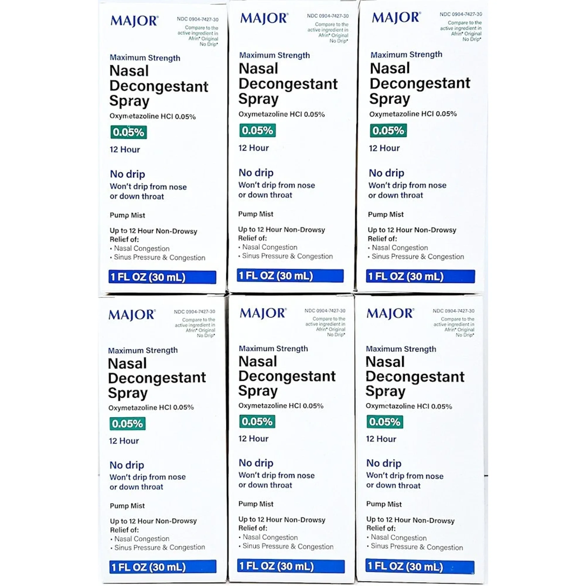 Major 12-Hour Nasal Decongestant Spray, OTC Medicine for Nasal Congestion 1 oz 6-Pack