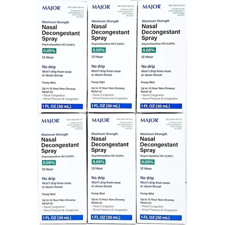 Major 12-Hour Nasal Decongestant Spray, OTC Medicine for Nasal Congestion 1 oz 6-Pack