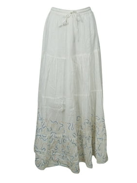Mogul Women Maxi Skirt Long Hippy Bohemian White Cotton Embroidered Bohochic Beach Flared Skirts M/L