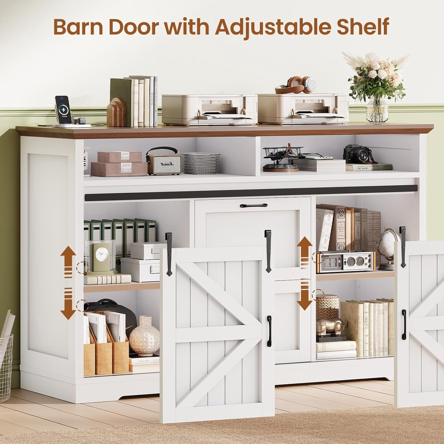 Farmhouse File Cabinet with 2 Drawers, 47" Horizontal filing cabinet with LED Lights & Power Outlets for Office, Filing Cabinet with 2 Sliding Barn Doors, Large Storgae Cabinet for Home, White