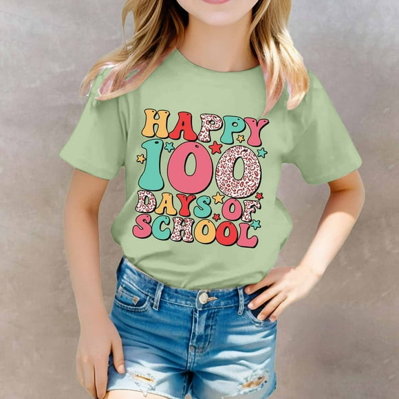 TOOYOU Girls T-Shirt Happy 100 Days Of School Letter Printing Round Neck Solid Color Short Sleeved Basic Tee Girls Basics Cute Clothes Green Size 10-11 Years