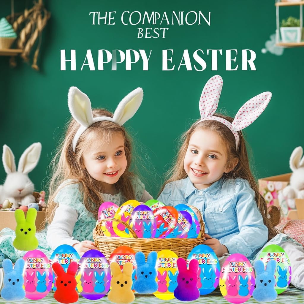 Prefilled Easter Eggs Set, 18 Count Plastic Eggs With Plush Bunny Toys Inside, Assorted Colors, For Kids Egg Hunt, Easter Basket Stuffers, Party Favors