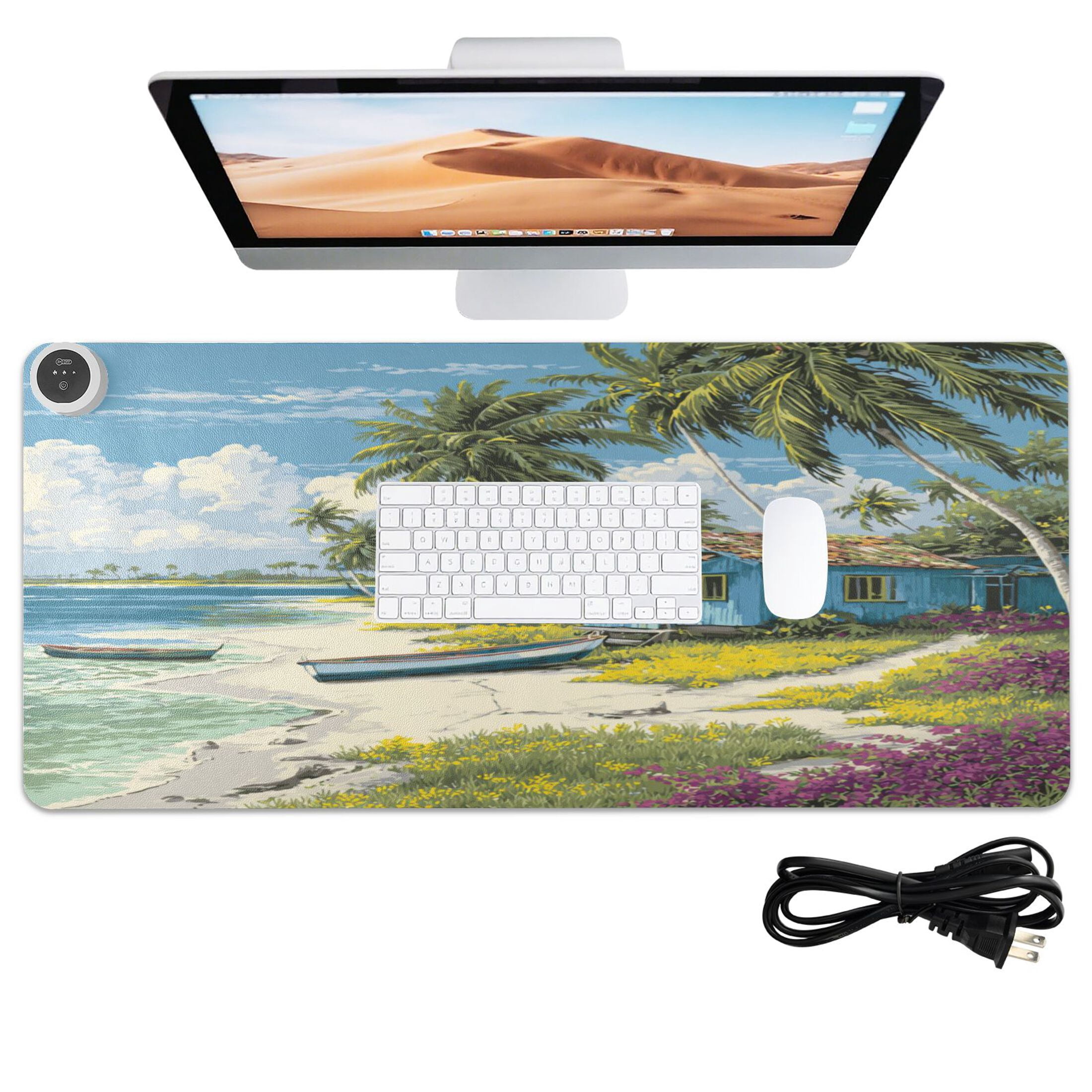 Large Heated Desk Mat Mouse Pad 31.5"x13"PU Leather Graphene Heating Desk Warmer with 3 Temperature Settings 110V US Plug Non-Slip Warm Pad for Home, Office, and Gaming Tropical Beach Hut Escape