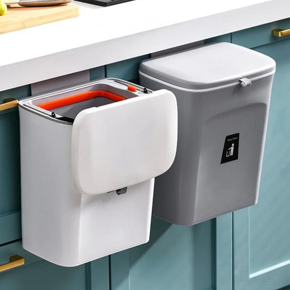 FOMIYES White Plastic Indoor Hanging Trash Can with Lid, Wall Mounted Waste Bin for Kitchen and Bathroom