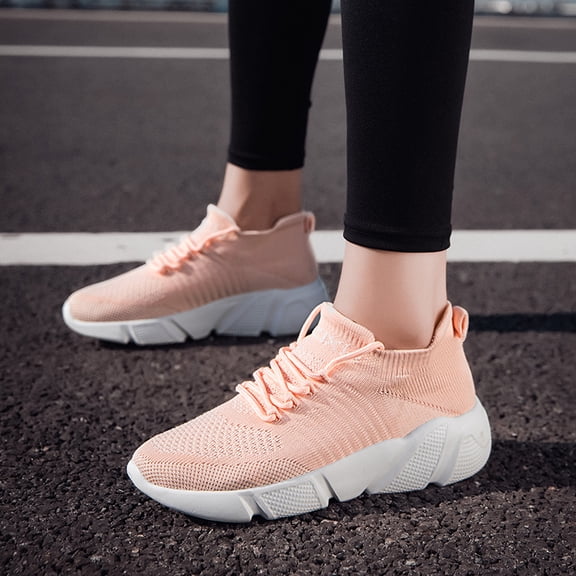 Peach Pink Breathable Flyknit Lace-Up Women's Running Sneakers