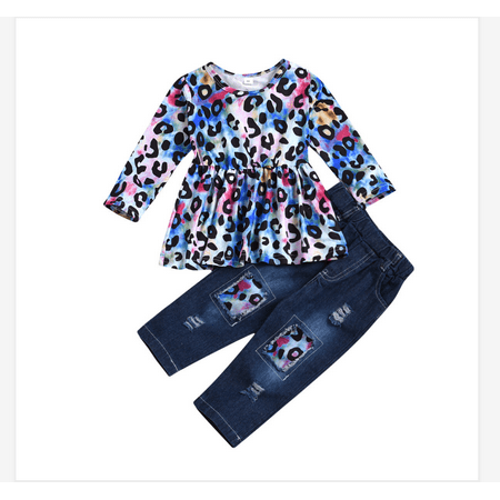

Musuos 2Pieces Kids Suit Set Leopard Print Round Neck Long Sleeve T-Shirt+Jeans