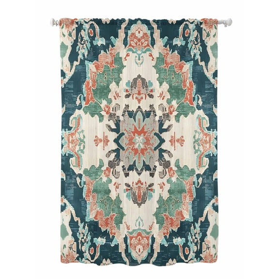 Sheer Curtains 72 Inches Long, Teal Green Boho Floral Semi Sheer Curtains Light Filtering Window Treatment, Southwestern Ethnic Flowers Retro Privacy Voile Drapes for Living Room Bedroom 52x72 Inch