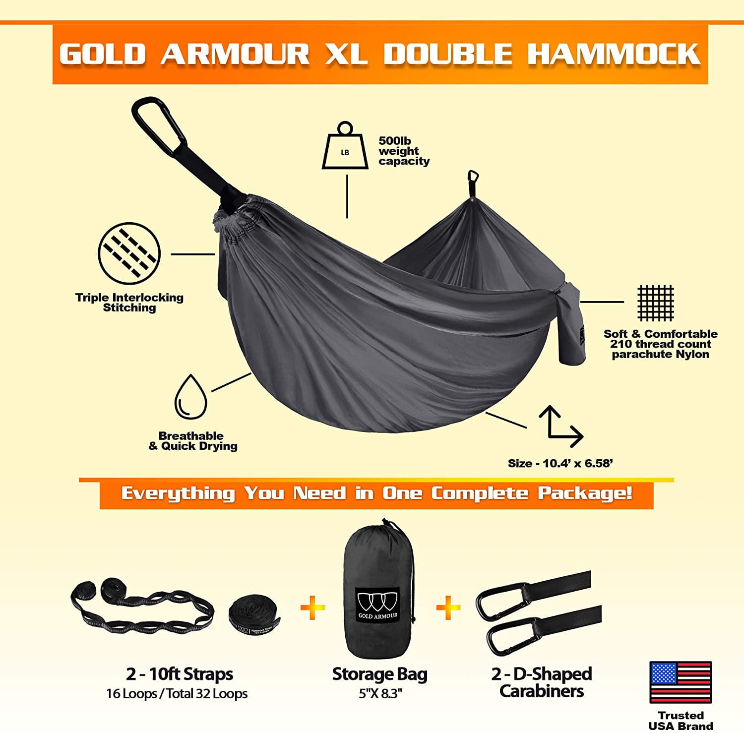 Gold Armour Camping Hammock - Extra Large Double Parachute Hammock All Gray