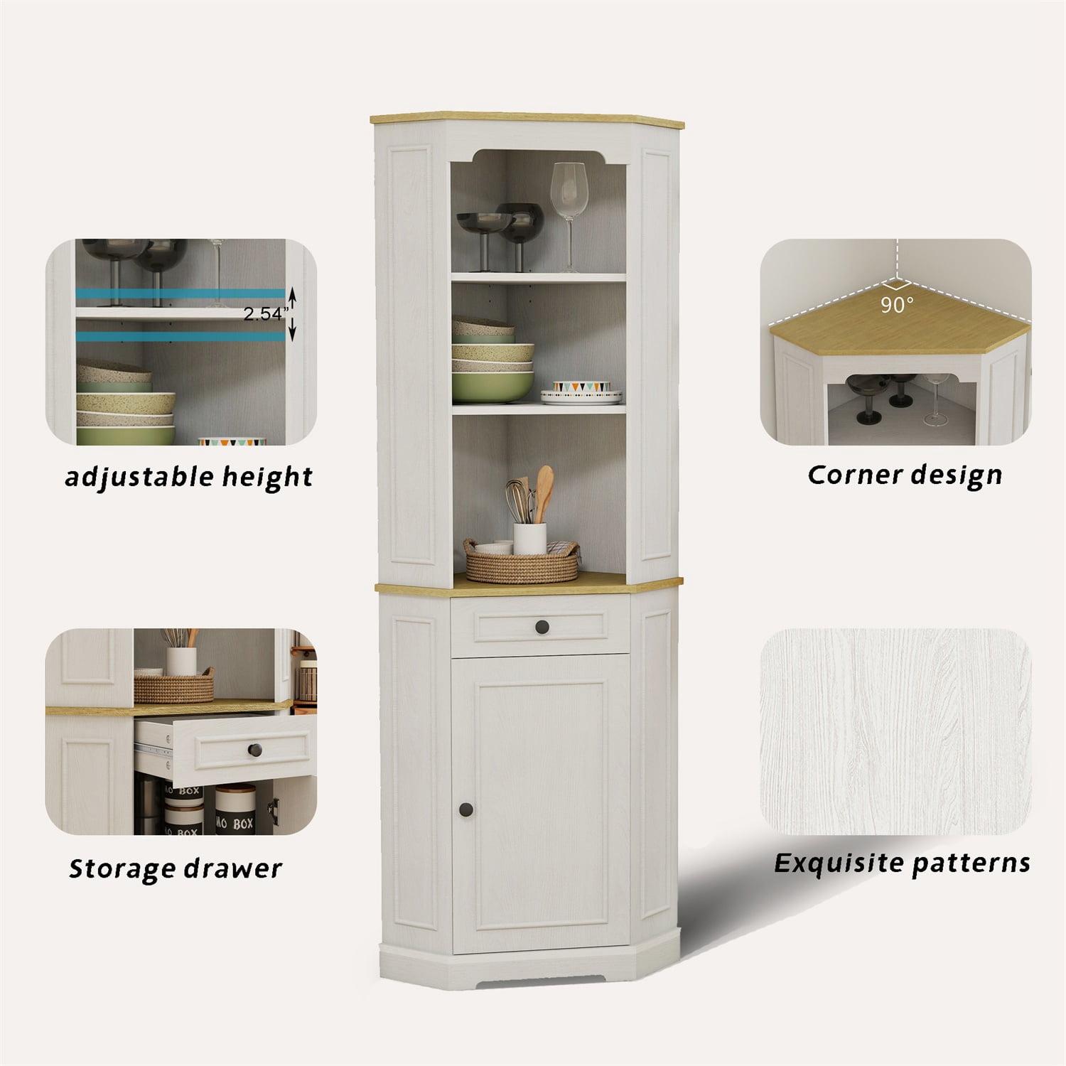 Hommoo 68" Tall Corner Cabinet, Wooden Freestanding Corner Storage Cabinet with 1 Door, 1 drawer and Adjustable Shelf, Farmhouse Bar Storage Cabinet for Home and Office, Antique White