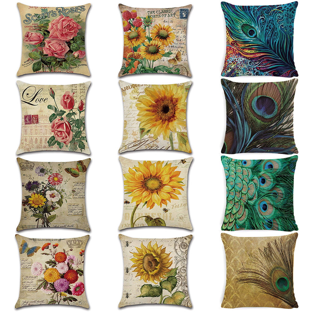 Memory Peacock & Flowers Home Decor Pillow Case Cotton Linen Sofa Cushion Cover 