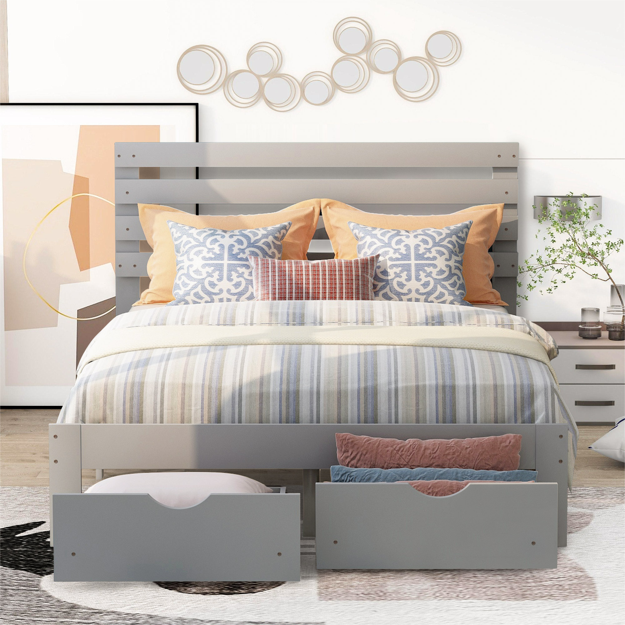 paproos Full Bed with Storage, Heavy Duty Wood Platform Bed Frame with ...