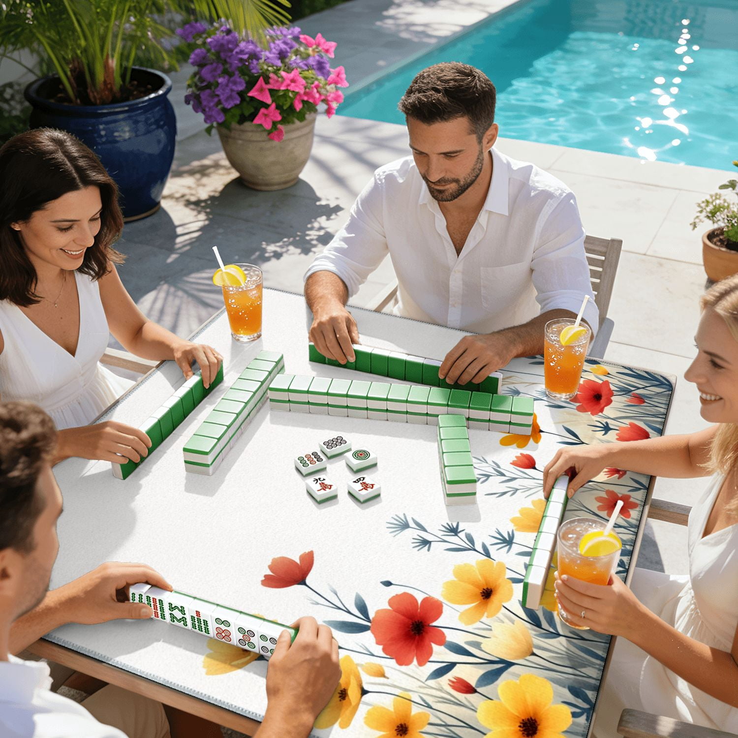 Mahjong Mat 31.5" x 31.5" Colorful Hand Drawn Wildflowers White Non-Slip Noise Reduction American Mahjong Tiles Table Cover for Dominoes Poker Card Board Games Gift