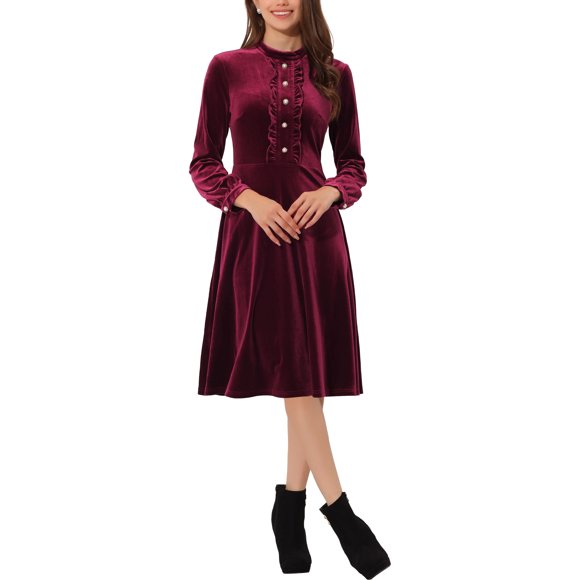 INSPIRE CHIC Women's Velvet Dress Mock Neck Button Front Ruffle Vintage Flare Dresses L Burgundy