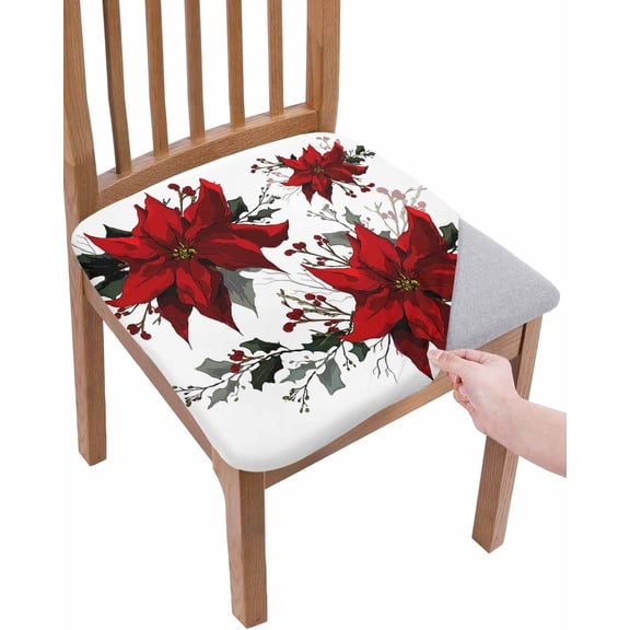Christmas Poinsettia Chair Seat Covers for Dining Room Stretch Chair Seat Covers Set of 4,Winter Xmas Red Floral Botanical Holiday Chair Seat Protector Cushion Slipcovers for Kitchen Restaurant