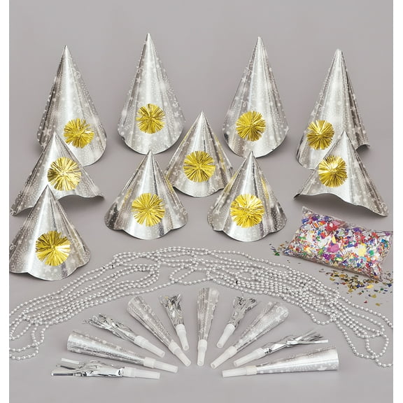 Silver New Years Eve Party Accessories Kit for 10 Guests, 31pcs