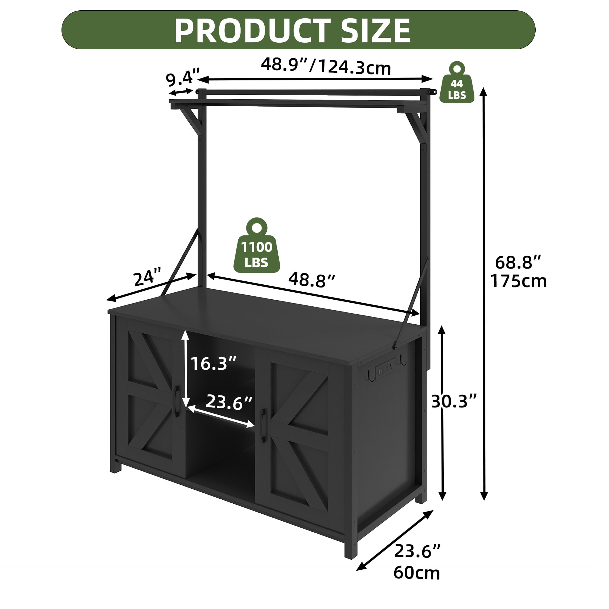 Uforic 120 Gal Fish Tank Stand w Shelf and Cabinet, 1100 Lbs Capacity, Power Outlets, Metal, Black