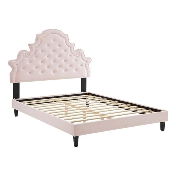 Maklaine Tufted Performance Velvet Queen Platform Bed in Pink