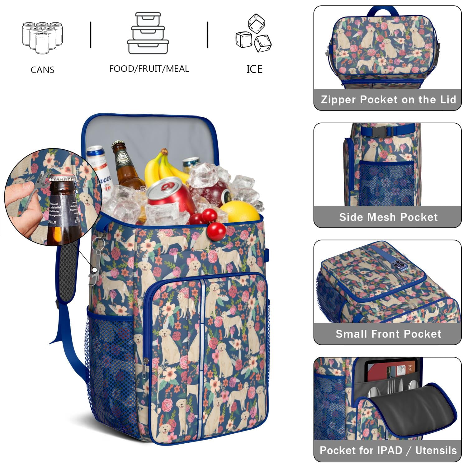 Travel Cooler Bag - Golden Retriever Dog and Flower Camping Beer Cooler Backpack with Bottle Opener- Waterproof Insulated Picnic Backpacks - Cooler Bag for Beach