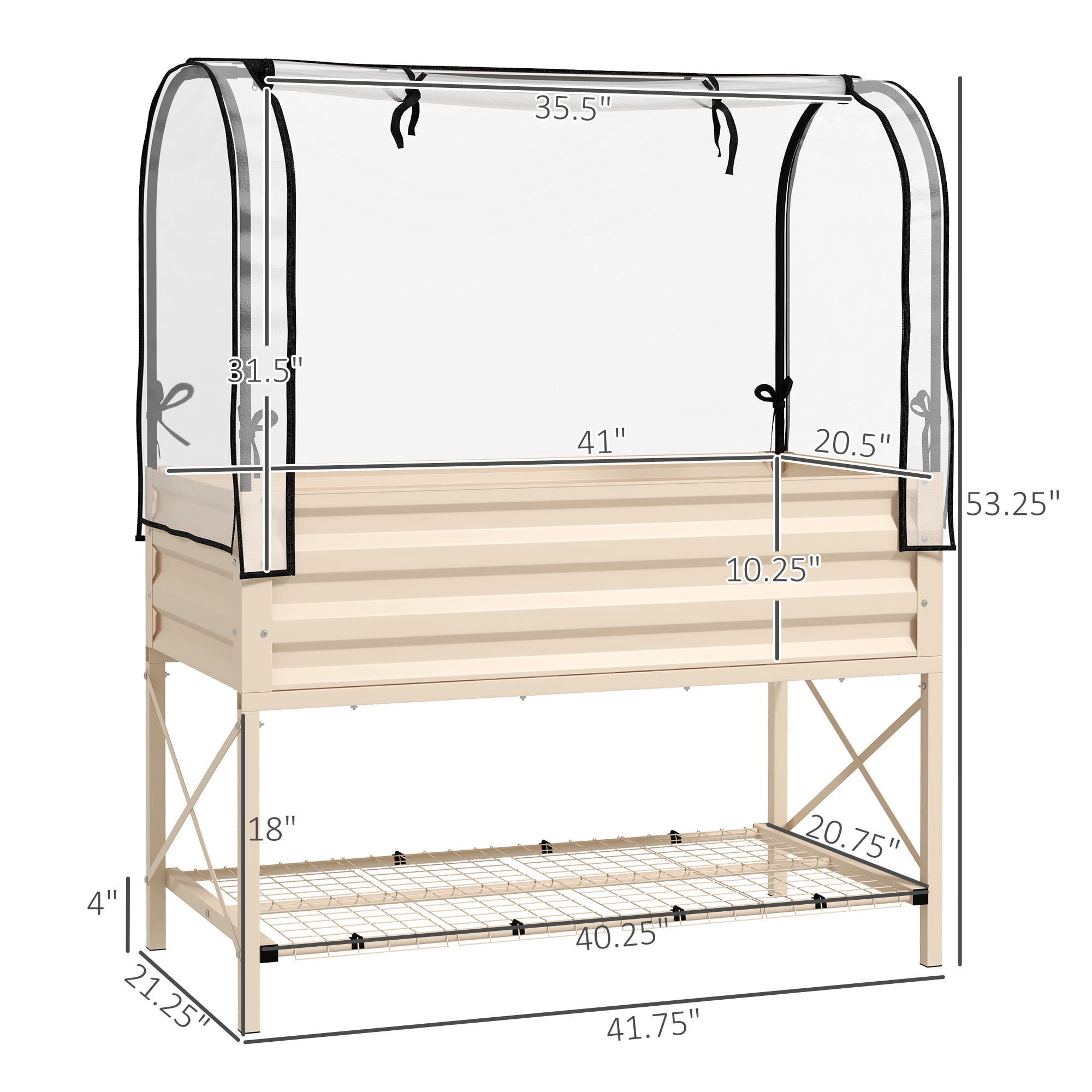 Outsunny Raised Garden Bed with Cover and Storage Shelf, Rectangular Metal Elevated Planter Box with Legs and Bed Liner, Cream