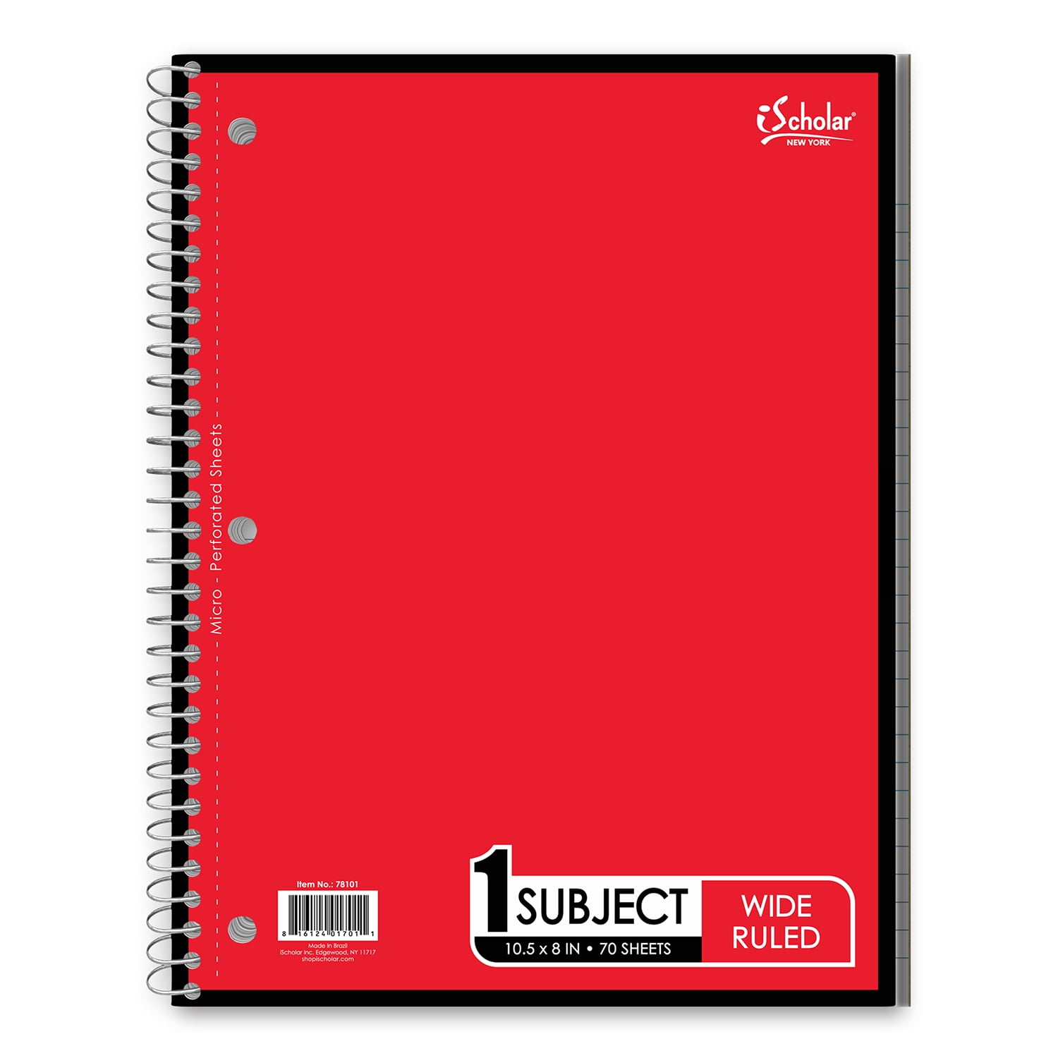 iScholar 1 Subject Notebook, 10.5' x 8', Wide Rule, 70 Sheets, Red (78101-RE)