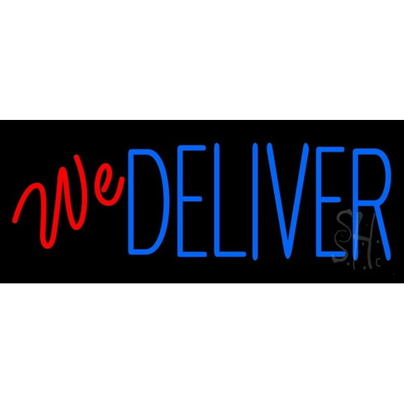 Red We Deliver Blue LED Neon Sign 13 x 32 - inches, Black Square Cut Acrylic Backing, with Dimmer - Bright and Premium built indoor LED Neon Sign for restaurant window and interior decor.