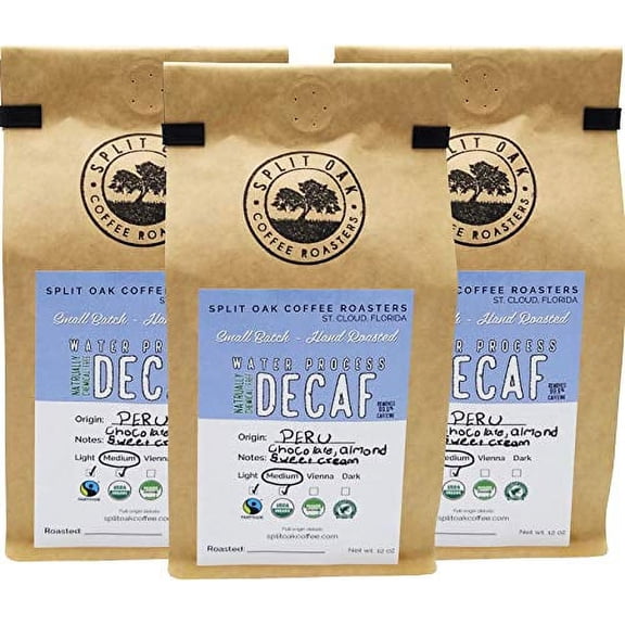DELICIOUS Organic Decaf Coffee Water Process Chemical-Free Medium Roasted Peru Coffee Whole Beans 12oz. Sweet Espresso Crema, Almond Notes. 99.9% Free Caffeine, Fair Trade, Swiss (3 Pack)