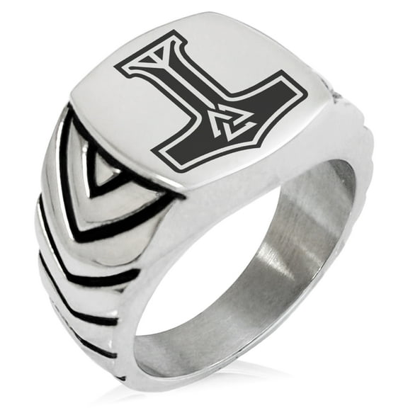 Stainless Steel Valknut Mjolnir Thor's Hammer Chevron Pattern Biker Style Polished Ring