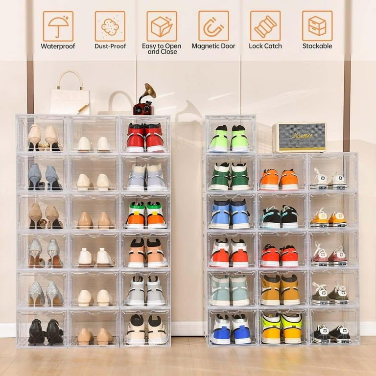 Clear Plastic Shoe Storage Boxes - 8 Pack Stackable With Magnetic Doors, Drop Front Display Case, Fits Up To Men's Size 13
