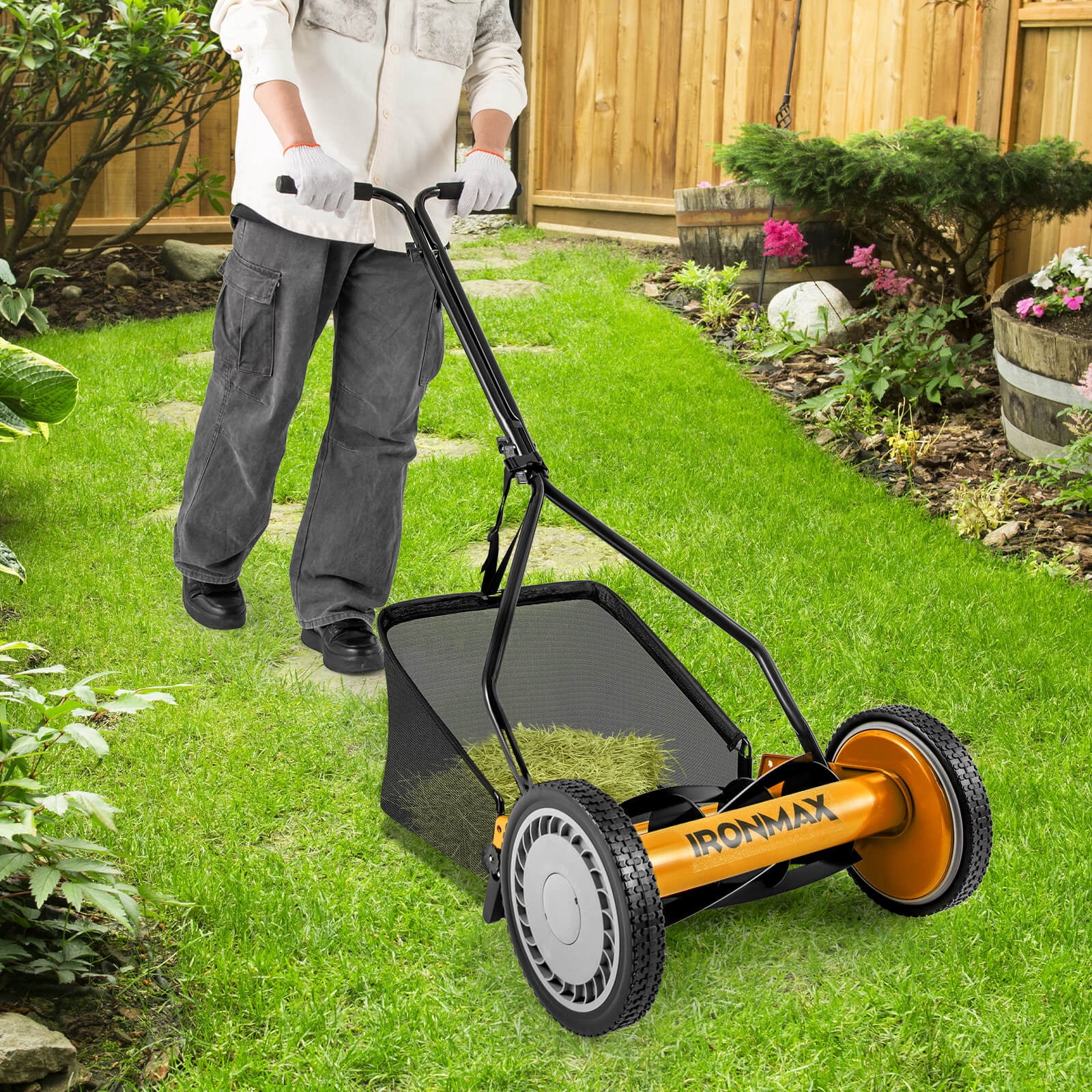 Ironmax Push Lawn Mower, Cordless 14” Manual Reel Mower, Adjustable Cutting Heights Orange + Black