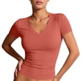 thumbnail image 2 of Basic Womens V Neck Short Sleeve T Shirt Slim Fit Tees Summer Y2k Going Out Fitted Tops Tight Shirts Vermilion L, 2 of 7